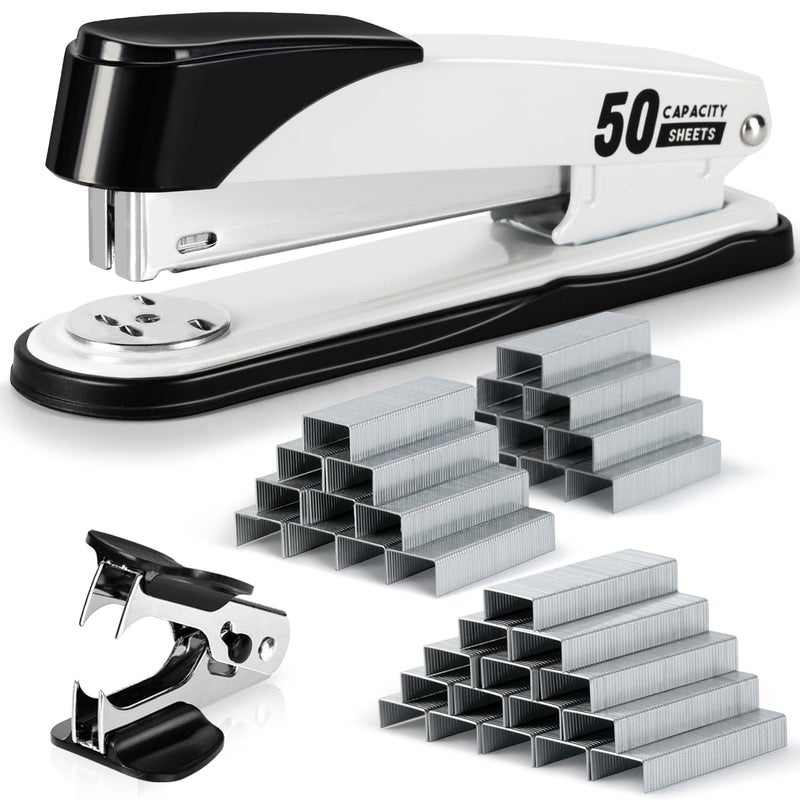 Deli Stapler Heavy Duty, Full Strip Staplers for Desk with 2000 Staples and Staple Remover, 50 Sheet Capacity, No Jam, Non-Slip Office Stapler with Staples for Office, Classroom, White - Image 1